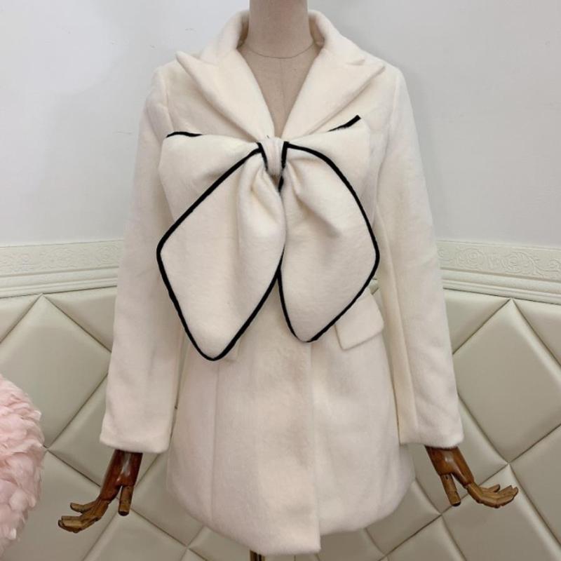 

Plus size 3XL!New arrival small fragrance bow woolen coat women slim Mink fleece medium length overcoat, Beige
