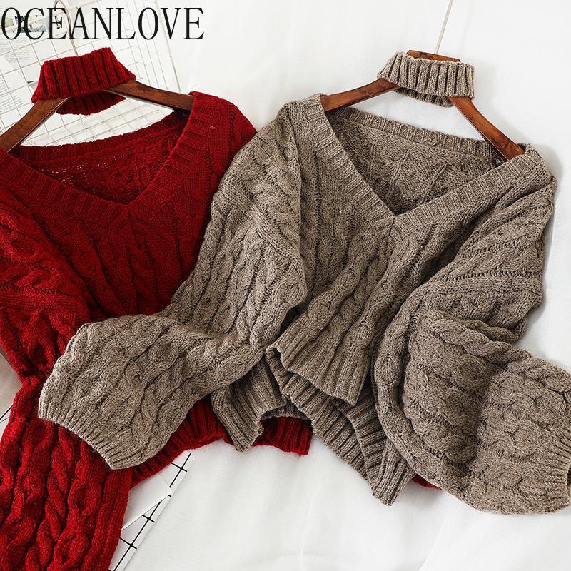 

OCEANLOVE Short Pullovers Solid Loose V Neck Sweaters Women 2019 Autumn Winter Elegant Pull Femme Fashion Ladies Tops 134541, Black