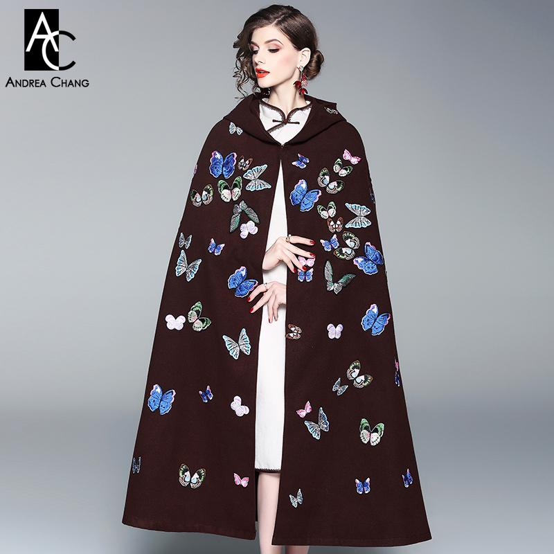 

autumn winter woman trench outwear overcoat cloak cape colorful butterfly pattern dark brown x-long fashion vintage hooded cape