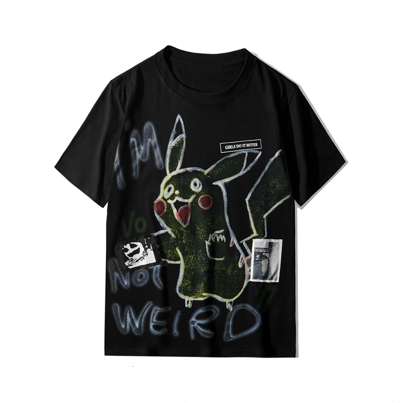 

2021 Guernika New Cartoon Printed Men's Summer 100% Cotton Round Neck Short Sleeve Street Style Hip Hop T-shirt Lwhs, Black