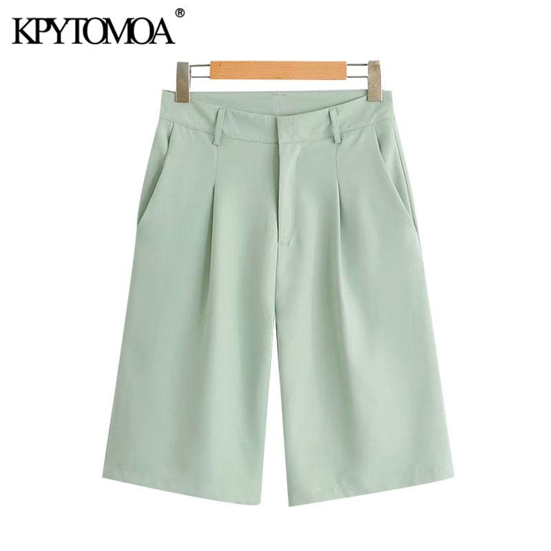 

KPYTOMOA Women 2020 Chic Fashion Office Wear Straight Pants Vintage High Waist Side Pockets Female Short Pants Pantalones Mujer, As picture