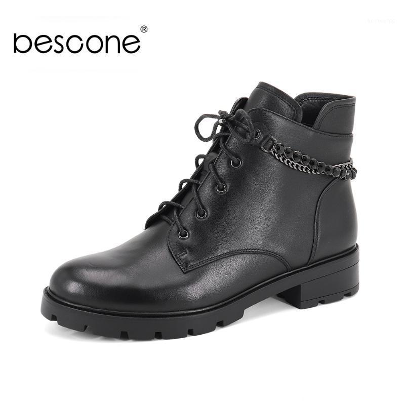 

BESCONE Casual Ladies Boots Solid Lace-Up Round Toe Square Heel Shoes High Quality Genuine Leather Handmade Women Boots BC3391, Purple