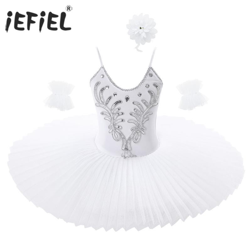 

Kids Girls Spaghetti Straps Holographic Beads Ballet Leotard Tutu Dress Swan Dance Costume with Arm Sleeves Contemporary Costume, White
