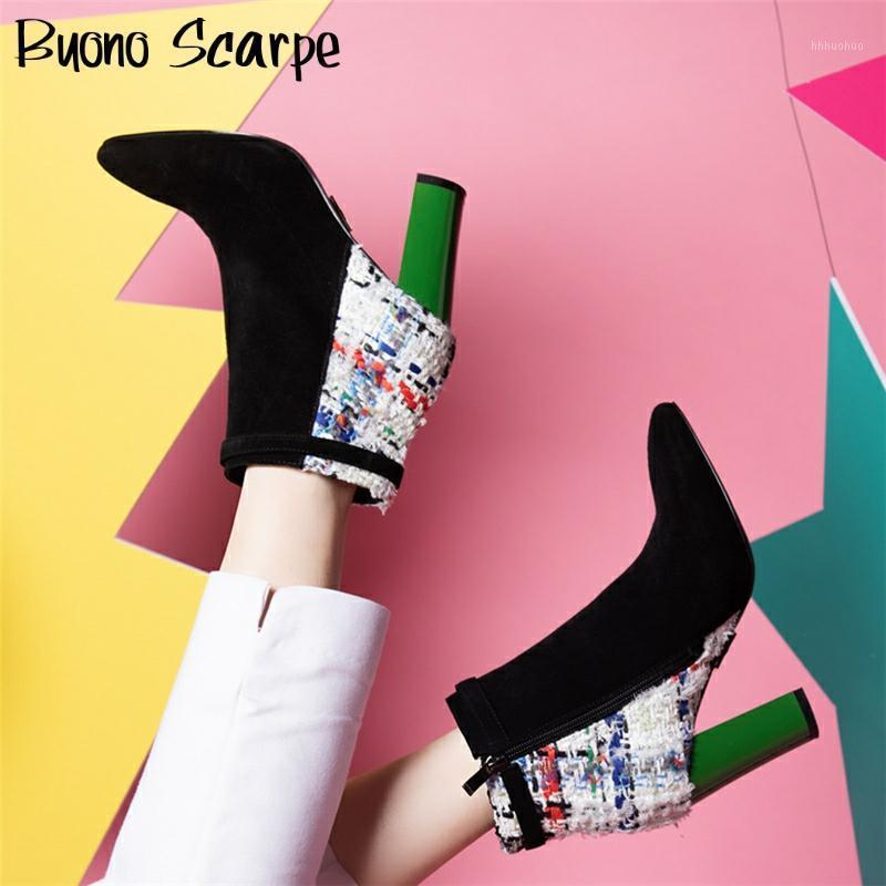 

Colorful High Heel Ankle Boots Sewing Zipper Short Boots Suede Leather Botas Mujer Patchwork Plaid Designer Shoes Party Booties1, Blue