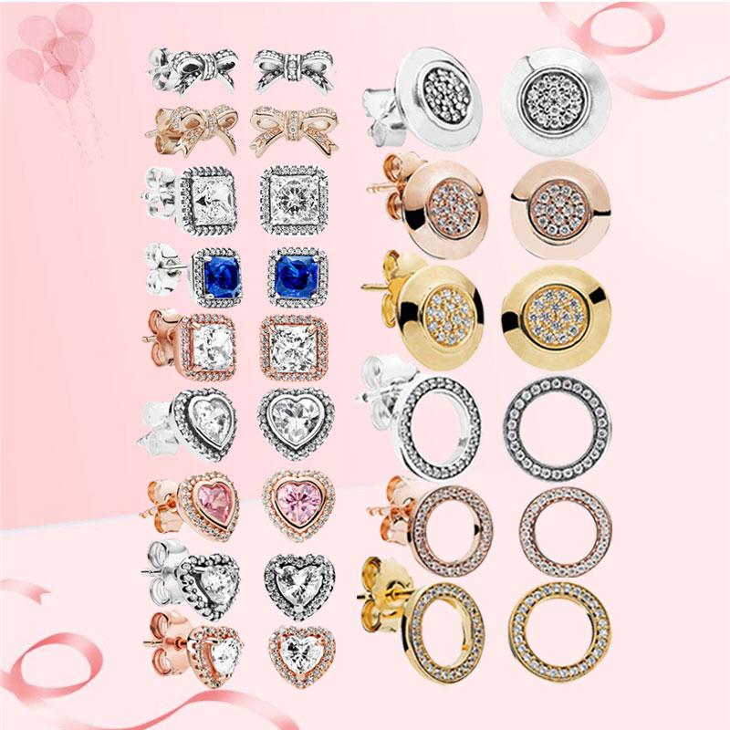 

Stud Ear Piercing Earrings Fine Jewelry For Women Shine Rose Gold 925 Silver Original Zircon Stone Bow Love Heart Circle, Golden;silver
