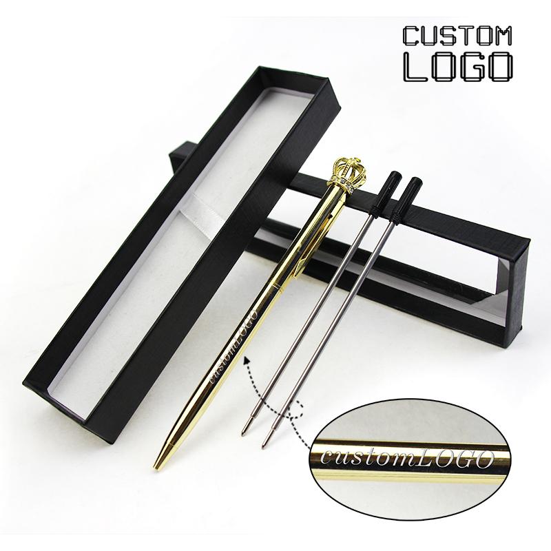 

1 Set Of Custom Lettering Logo Metal Crown Ballpoint Pen Creative Business Crystal Pen Birthday Gift Student Office Stationery, Golden