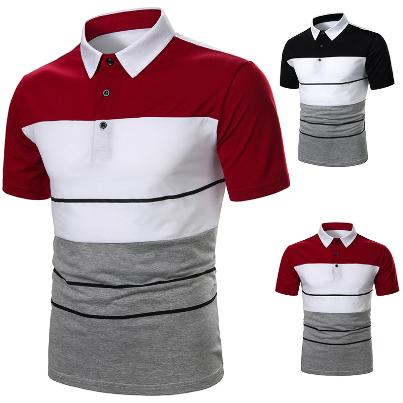 

Men Short Sleeve Poloshirt Chest Three Stripe Color Matching Fashion Collocation Cross-border Lapels Men Shirt, Black
