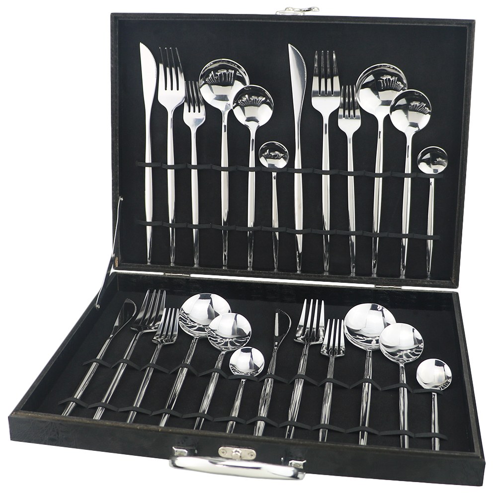 

24pcs Cutlery Set 304 Stainless Steel Silver Dinnerware Set Knife Dessert Fork Spoon Silverware Kitchen Tableware Set Black Box 201116