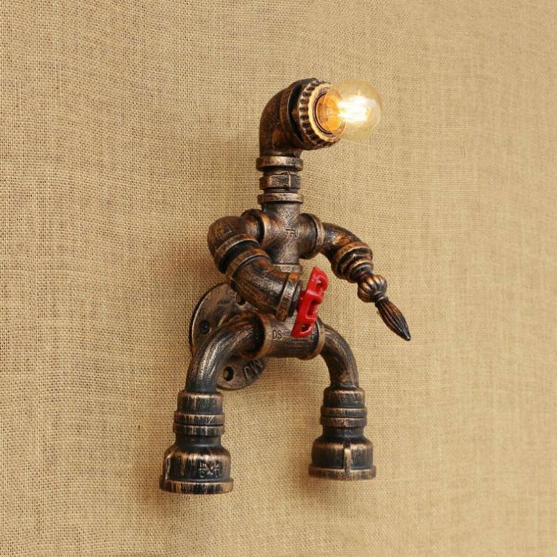 

Iron water pipe wall lamp creative retro loft vintage robot light bedroom bedside corridor study bar club cafe lamp sconce bra