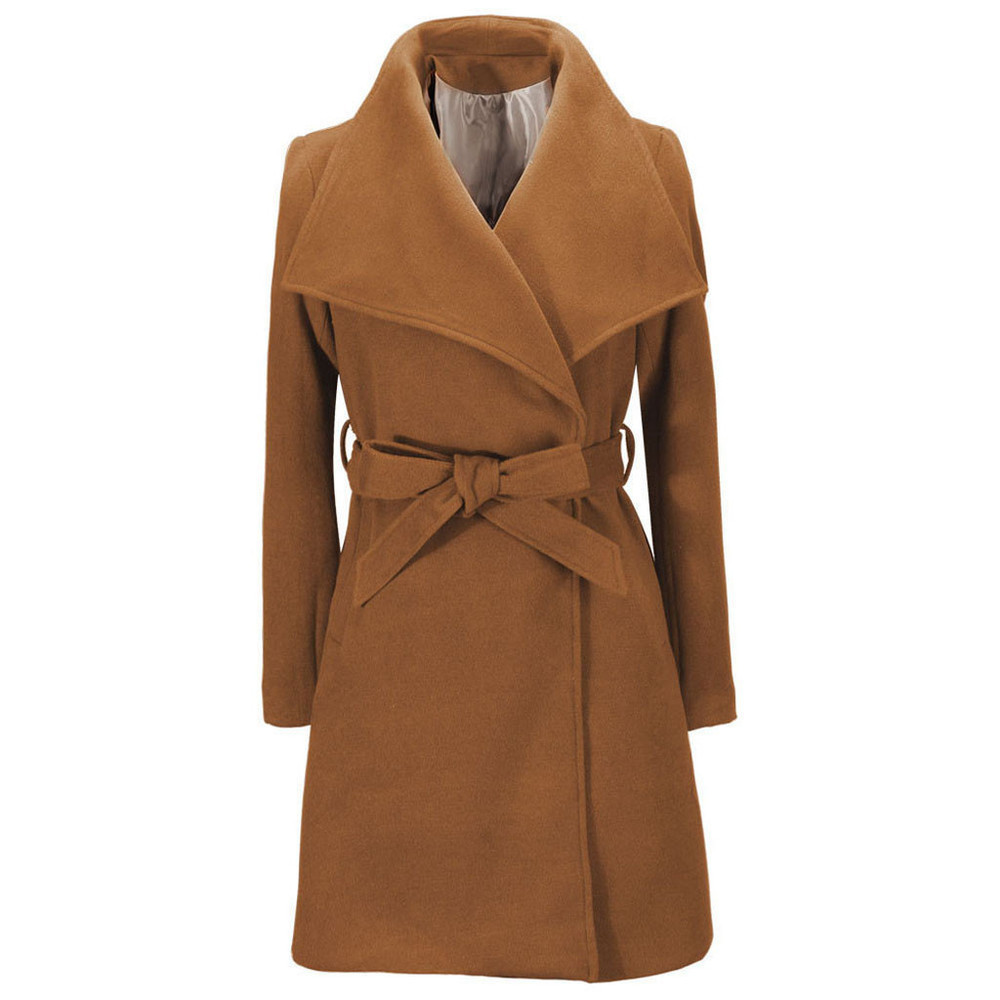 

Elegant Solid Color Woman 2020 Wool Lend Coat Lace-up Turn-down Collar Slim New Autumn Winter Long Female Outerwear, Green
