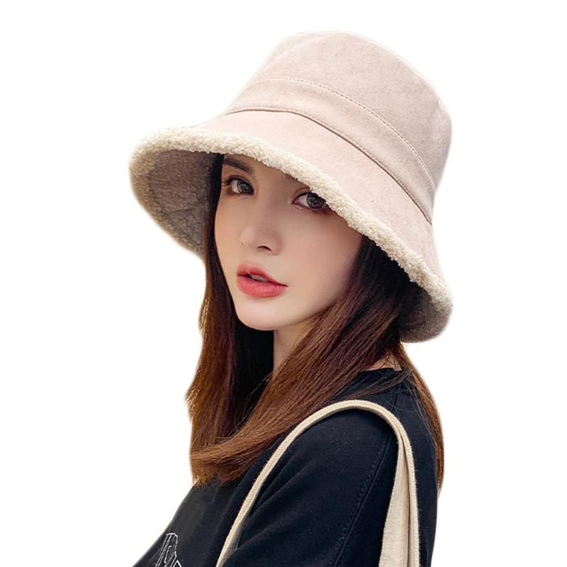 

2020 New Women Winter Reversible Bucket Hat Solid Color Thick Faux Fleece Fisherman Cap, Black