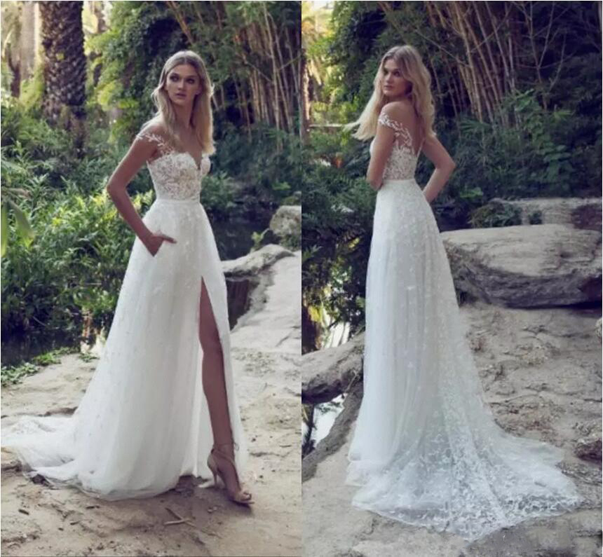 

Limor Rosen Latest Wedding Dresses Illusion Off Shoulder Sweep Train Backless Garden Beach Bridal Gowns Lace Applique A Line Wedding Dresses, White