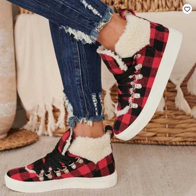 

Lovers 2021 New Round Toe Canvas Shoes Spring 40-43 Lace-Up Casual Flat Plaid Snow Ground Boots, Red