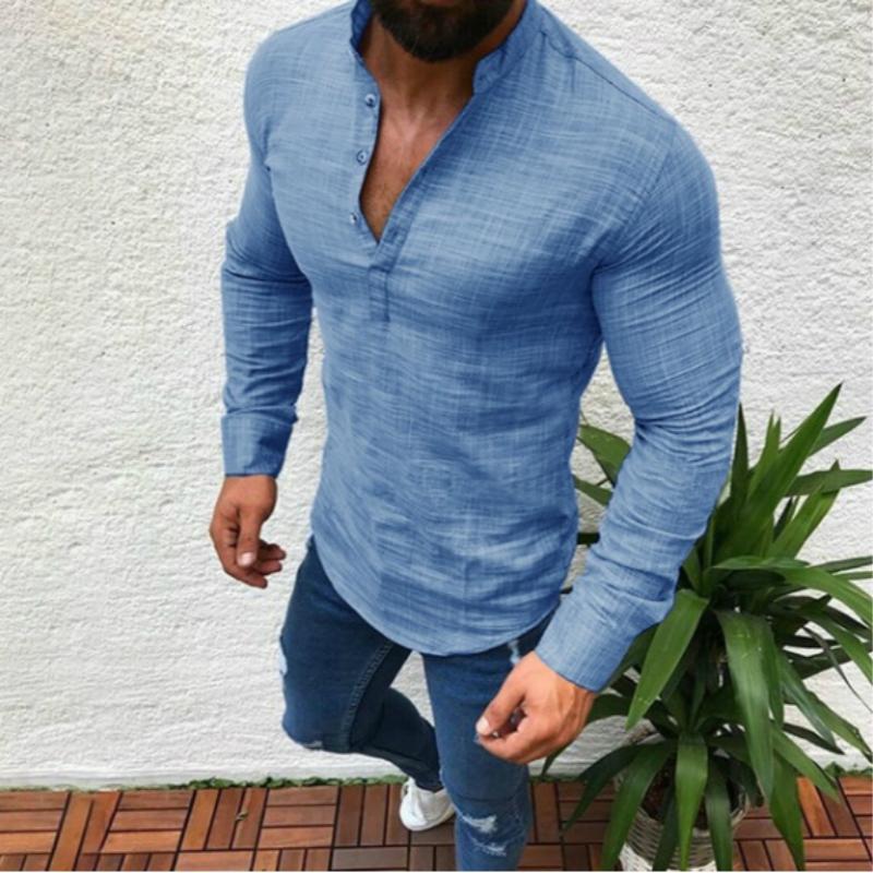 

Plus Size Fashion Mens Long Sleeve V Neck Shirt Top Linen Shirts Blouse Cut Collar Pullover Male White Black Blue Gray
