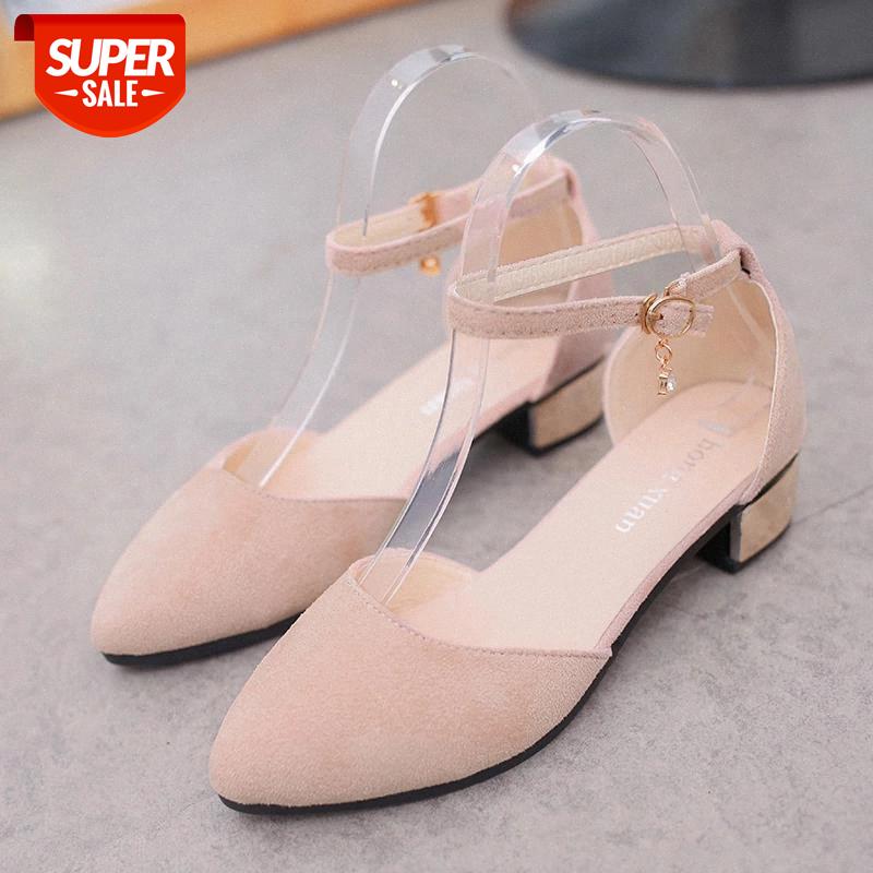 

2018 spring and summer new shallow mouth women's shoes baotou middle heel shoes with a buckle with pointed women's #CK0y, Black