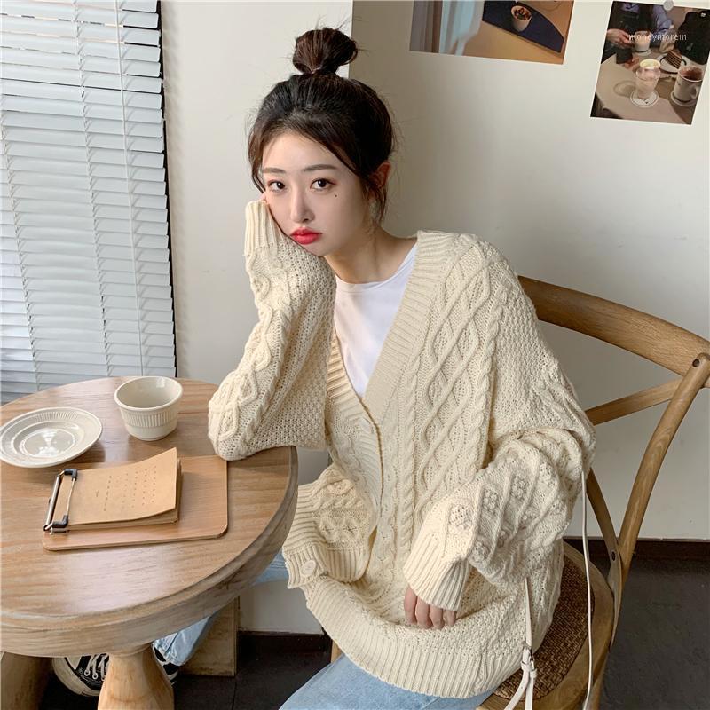 

Casual women's sweater 2020 autumn and winter new loose slim knit sweater coat v-neck thick twist cardigan1, Apricot