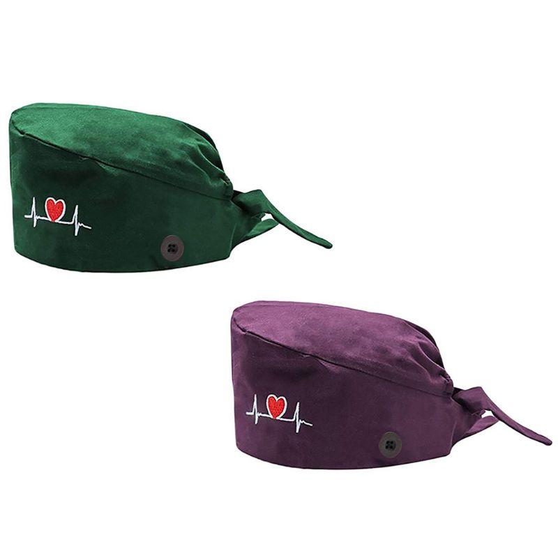 

Unisex Bouffant Working Cap with Buttons Heart Embroidery Scrub Hat, Green