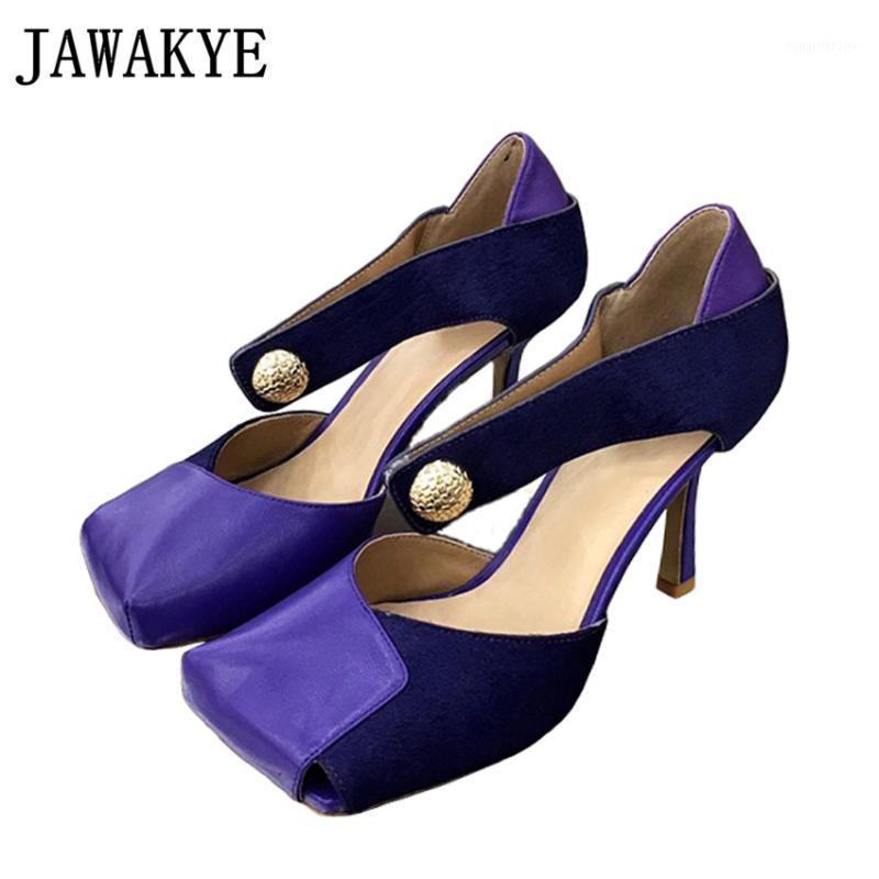 

Horse hair leather Gladiator Sandals Women square toe hollow high heel shoes Woman Front Metal Button buckle sexy party Shoes1, Black pump