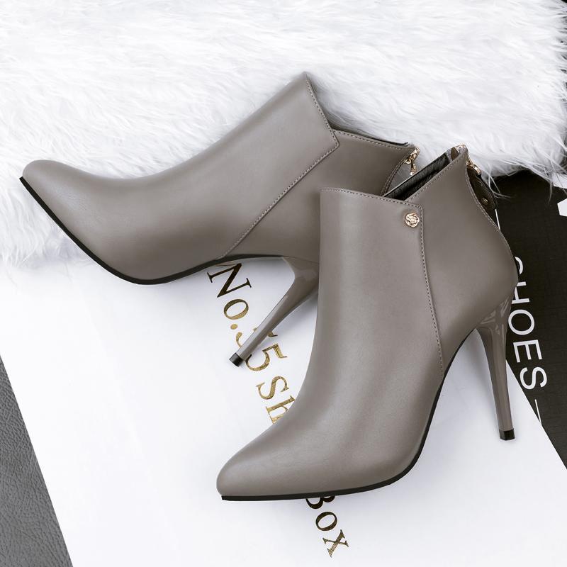 

2021 Winter Women Plush Boots Female Elegant Pointed Toe Stiletto Leather Ankle Booties Lady 10cm High Heels Club Shoes1, White