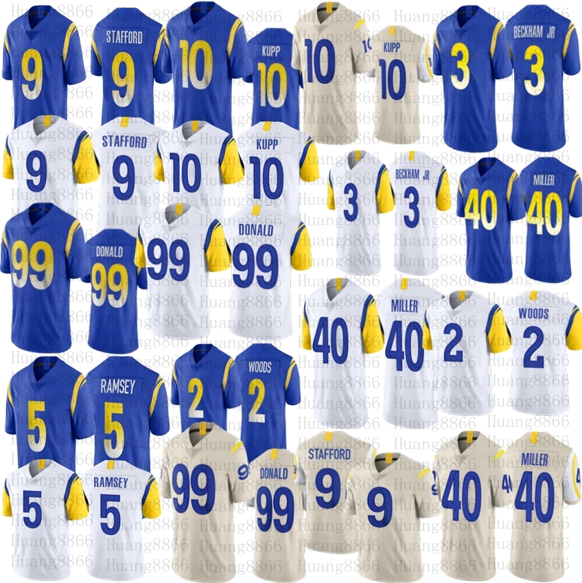 

Men football 9 Matthew Stafford 3 Odell Beckham Jr 40 Von Miller 99 Aaron Donald jerseys 10 Cooper Kupp 2 Robert Woods 5 Jalen Ramsey white jersey, As