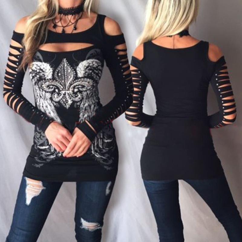 

WEPBEL Women Top T-shirt New Sexy Clothing Autumn Long T Shirt Printed Off-the-Shoulder Hollow-out Long Sleeve, Black