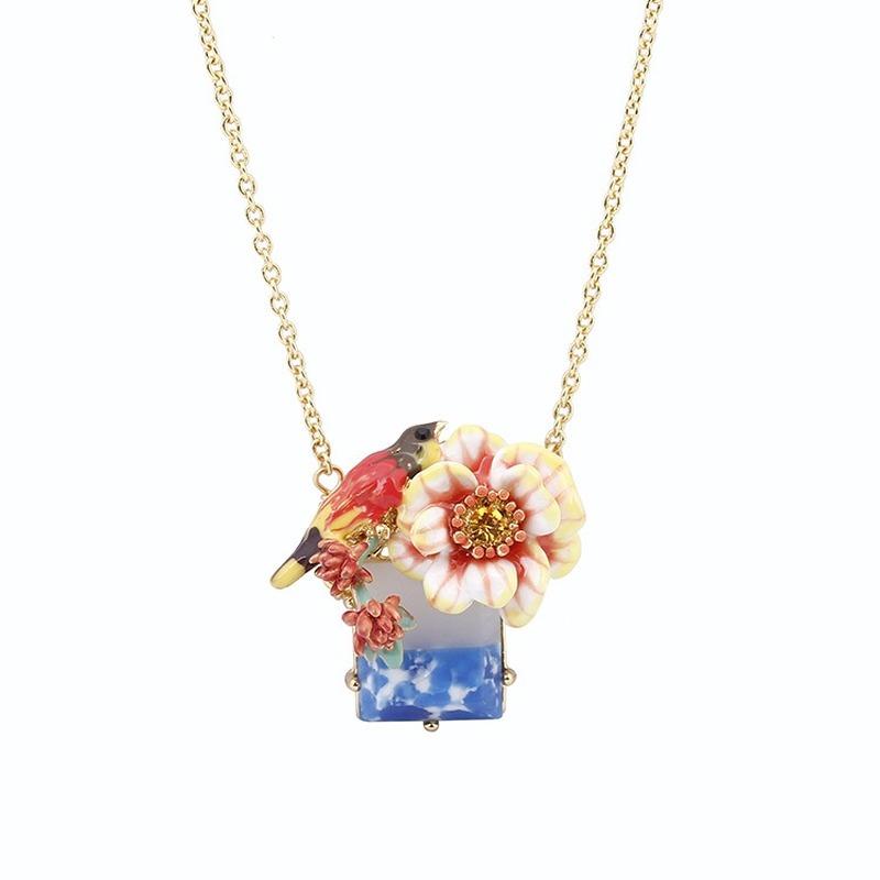 

Chokers Fashion Cute Bird Flower Enamel Glaze Pendant Necklace For Women's Chorker Jewelry Gold Color Link Chain Collier