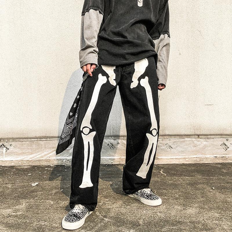 

Men's Jeans Firmranch Spring/Fall Men/Women Reflect Light Skeleton Ins Casual Loose Straight Leg Denim Pants Hip Hop Long Dad Trousers, Light blue