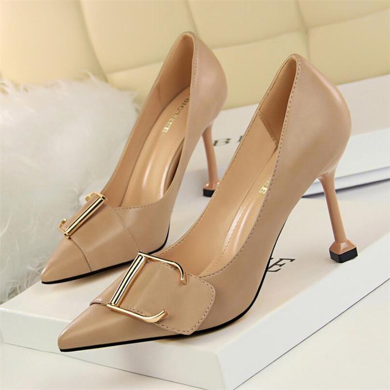 

Professional high heel women's shoes high heels shallow mouth pointed metal belt buckle sexy thin single shoes, 01