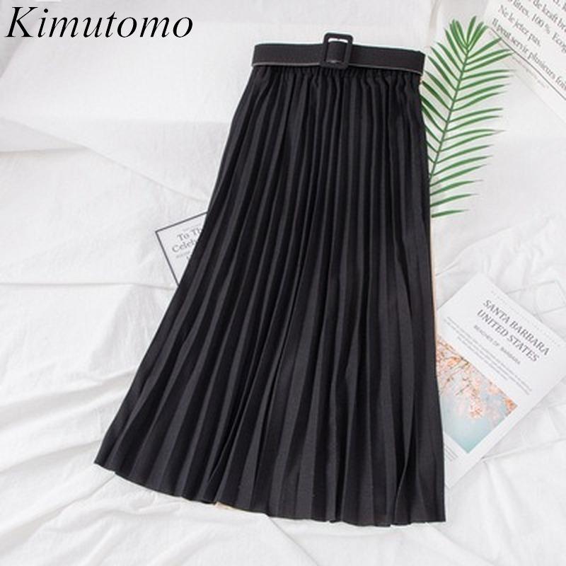 

Kimutomo Women Skirts Spring Autumn 2020 Korea Chic Fashion Female Solid Stretch High Waist Pleated Skirt Outwear Elegant, Black