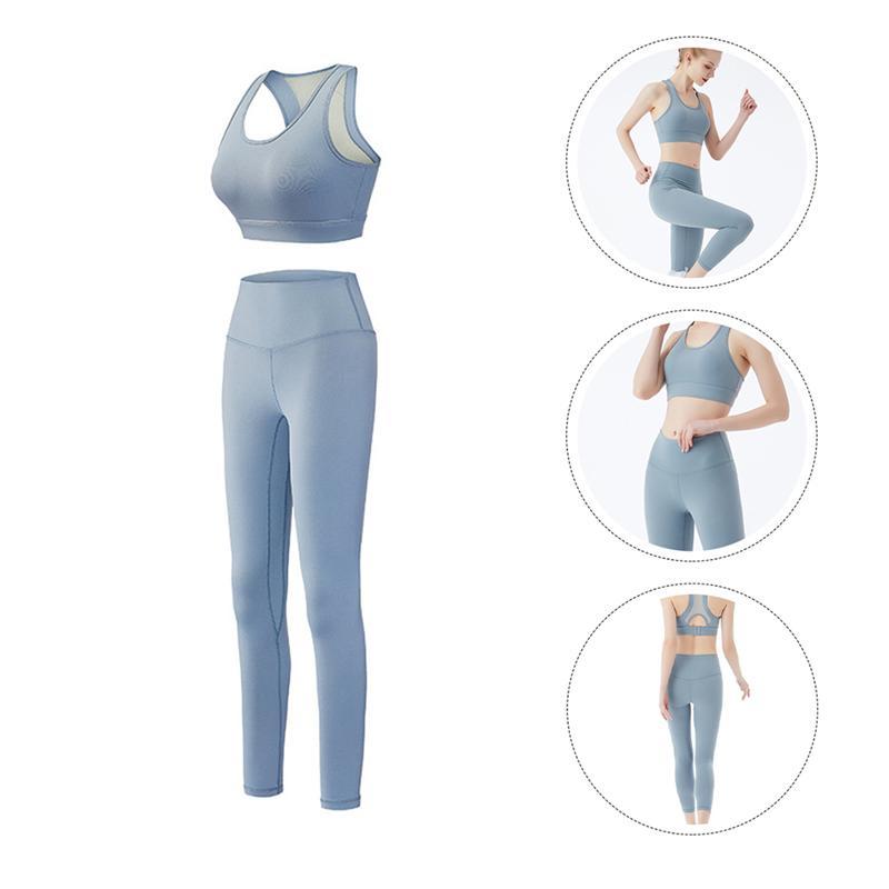 

1 Set Seamless Women Yoga Set Top High Waist Sport Leggings Gym Clothes, Sky-blue