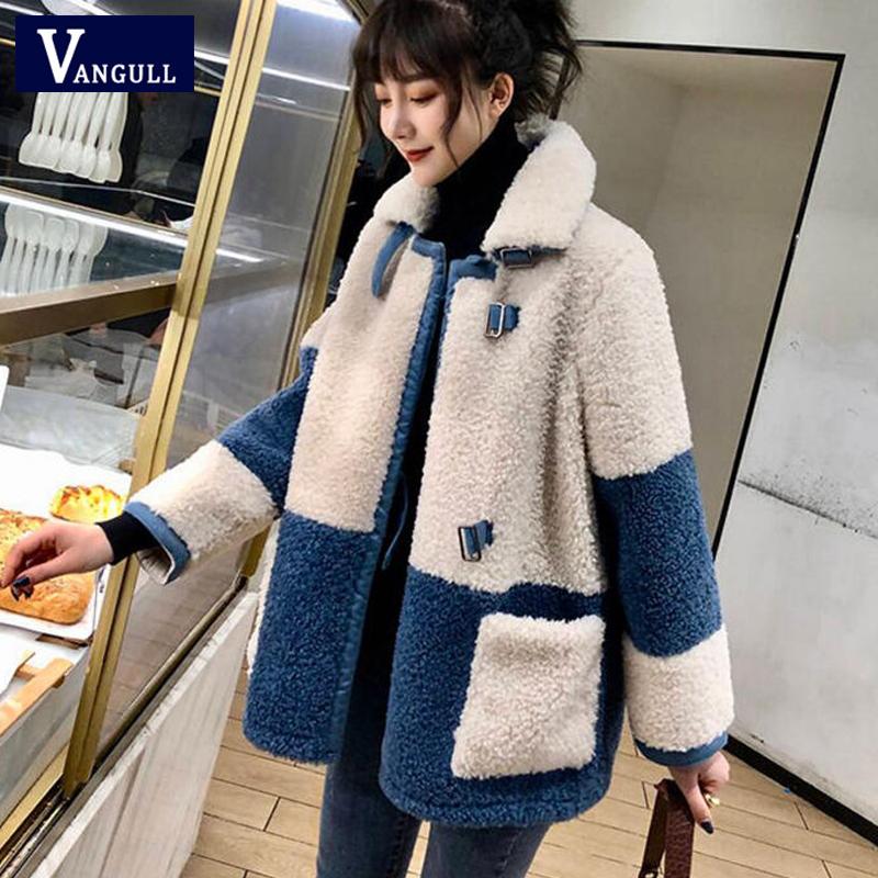 

Vangull Elegant Patchwork Faux Fur Coat Women 2020 Winter Warm Soft Double Breasted Fur Jacket Female Plush Overcoat with Pocket, Blue