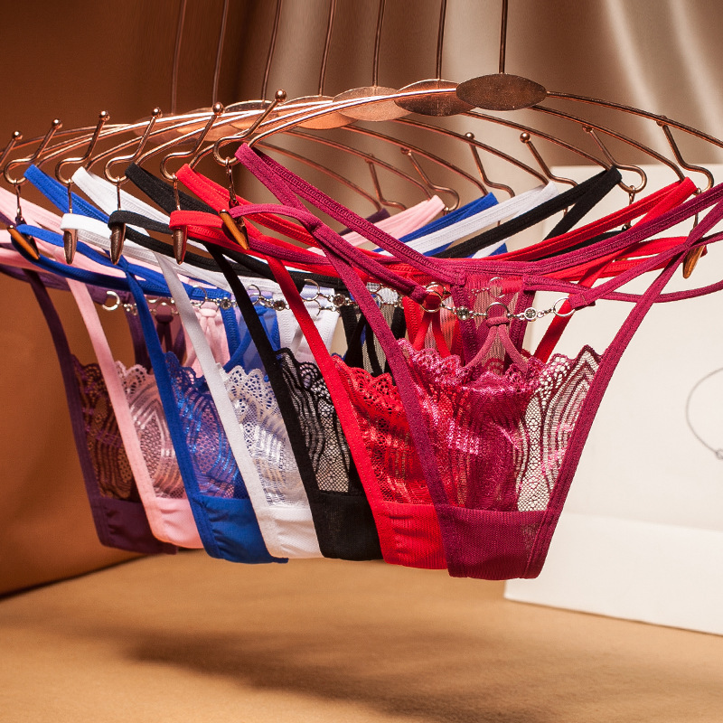 Cross Belt Fashion Briefs Diamond Trimmed Panties Lady Sexy Lace Low Waist Transparent Thong Sexy women Underwear-image-620864430