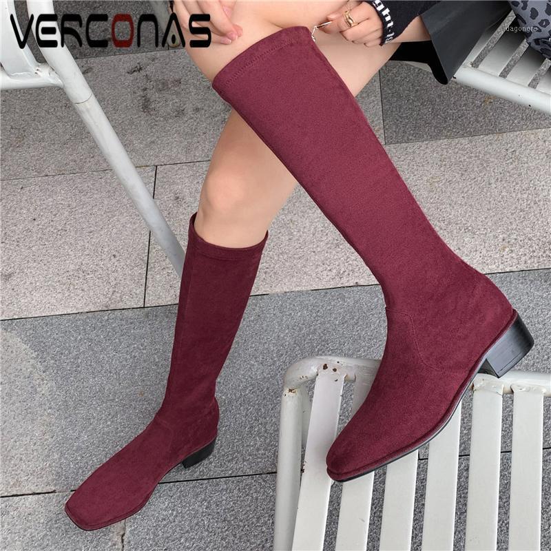 

VERCONAS Women Autumn Winter Knee-High Boots Square Toe Thick Heels Shoes Woman Back Zipper Fashion Concise Kid Suede Long Boots1, Blackr