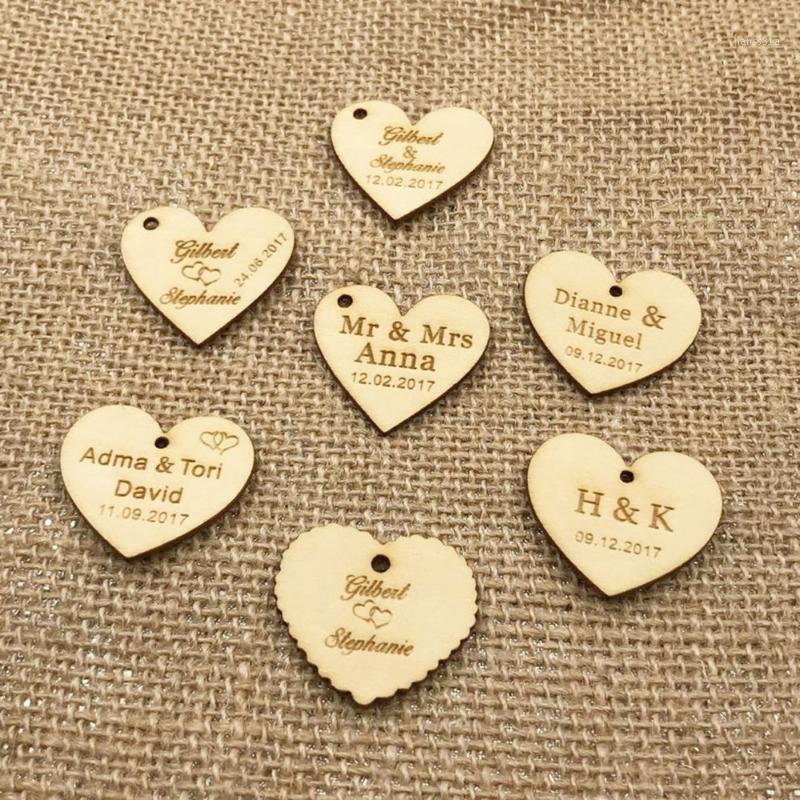 

50 Personalized custom Engraved wedding name and date Love Heart wooden Wedding Gift Table Decoration Favors Candy Tags1