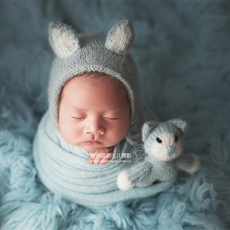 

Cute Newborn Animal Hat Photography Props Crochet Cat Kitty Blue Baby Boy Bonnet Set Knitted Newborn Stuffed Hat Toy Baby Props, As photo