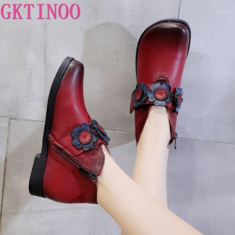 

GKTINOO Spring Autumn Women Boots Genuine Leather Flat Heels Ankle Boots For Women Shoes Retro Flower Zipper Short1, 72923 red
