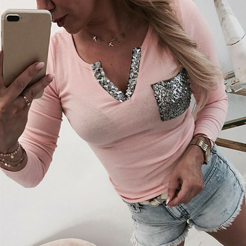 

Fashion Sequined V-Neck Pocket T-Shirt Women 2020 Autumn New Long Sleeve Tops Casual Sexy Slim-Fit Black White Pink Tee Shirts