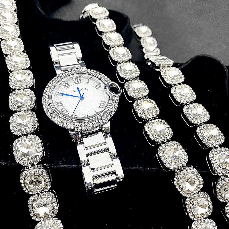 

Wristwatches 3pcs Luxury Watch For Women Gold Tennis Chain Bracelet Necklace Choker Bling Fashion Jewelry Watches Fanshion, Slivery;brown