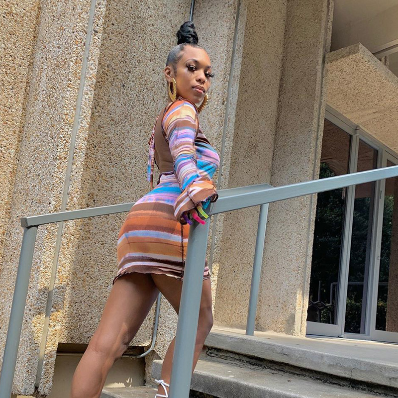 

Women dresses robe stripe print backless bandage sexy mini dress autumn winter women fashion streetwear outfit club wear, Multi