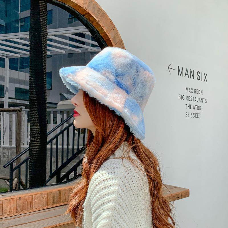 

New Pink Faux Fur Bucket Hat For Women Girl Rainbow Tie Dye Soft Warm Fishing Cap Fisherman Gorros Winter Lady Gifts