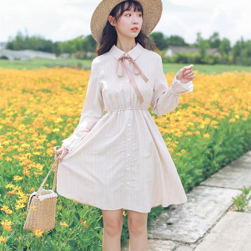 

2021 Mori Spring and Autumn New clothes of the women sleeves sweet artistic lace plaid sleeve elastic waist student dress AEFN, Latique