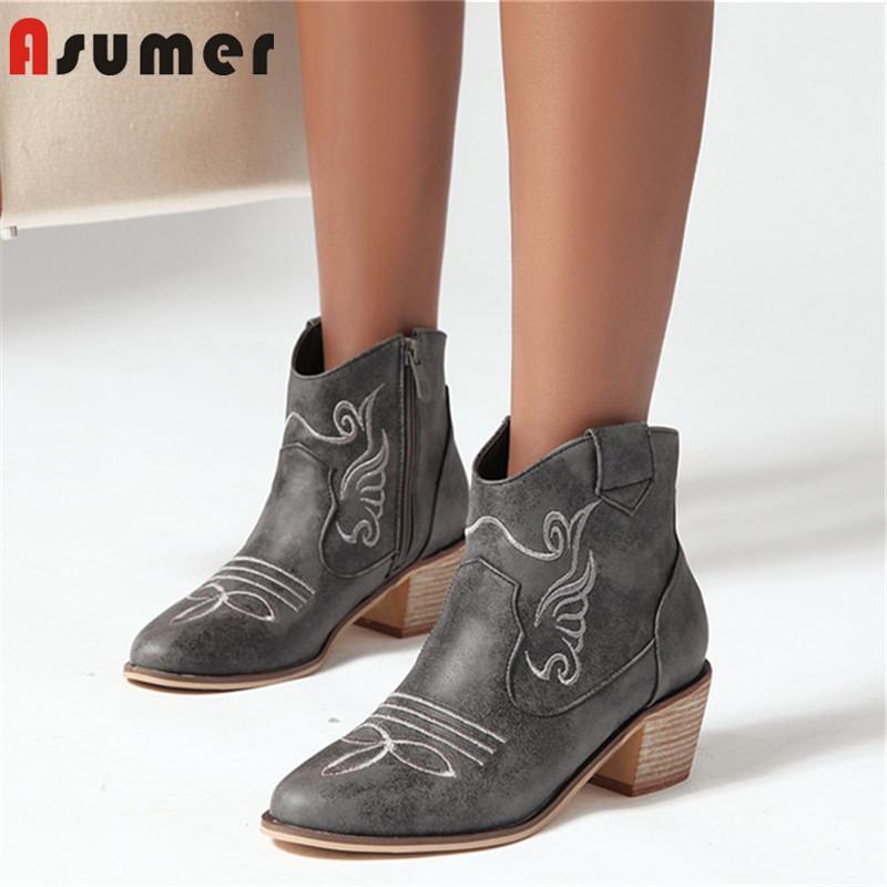 

ASUMER 2020 plus size 46 ankle boots women zipper embroider autumn winter Western boots fashion simple casual shoes woman1, Gray