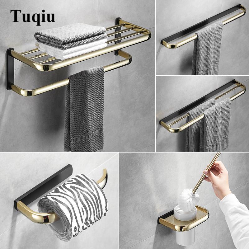 

Bathroom Accessories Set Gold & Black Bathroom Shelf,Towel Rack,Towel Hanger Paper holder,Toilet Brush Holder Bath Hardware Set