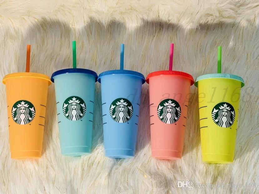 

Color Change Tumblers Plastic Drinking Juice Cup With Lip And Straw Magic Coffee Mug Costom Starbucks color changing plastic cup, One box (5 colors)