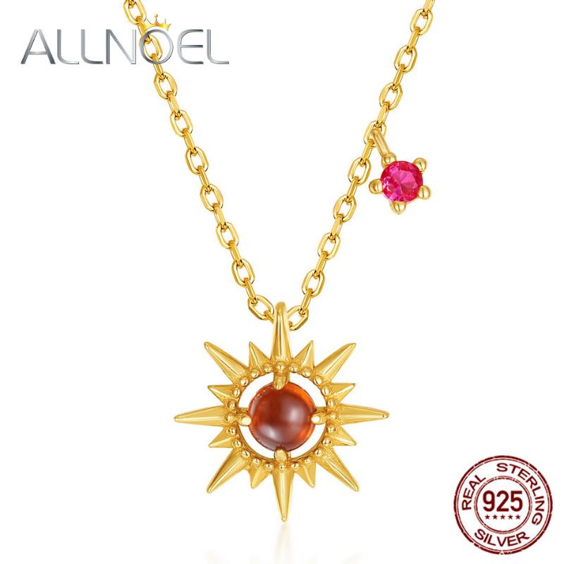 

ALLNOEL Solid 925 Sterling Sliver Necklace For Women Natural Red Corundum Orange Pomegranate Wedding Fine Jewelry New Gift