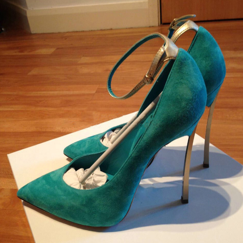 

Green Peacock Blue Leather Jumps Sexy Pumps Strapped Ankle Brace Pointed Toe Slip at Boutique Eird, Cyan