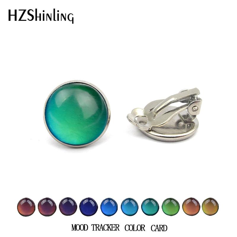 

2020 Mood Tracker Round Stud Earrings Ear clip no Pierced Thermochromic Temperature Sensing Discoloration Cabochon Jewelry
