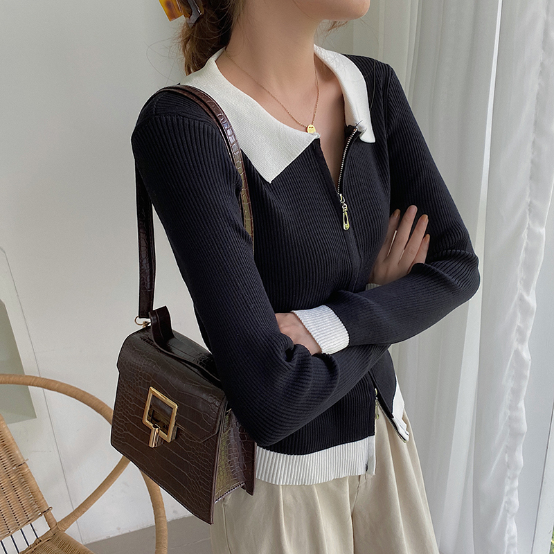 

Long-sleeve knit sweater 2020 new Korean-style sunken lapel-style fall stripe thin female fit double-zipper jacket 2000h, Black