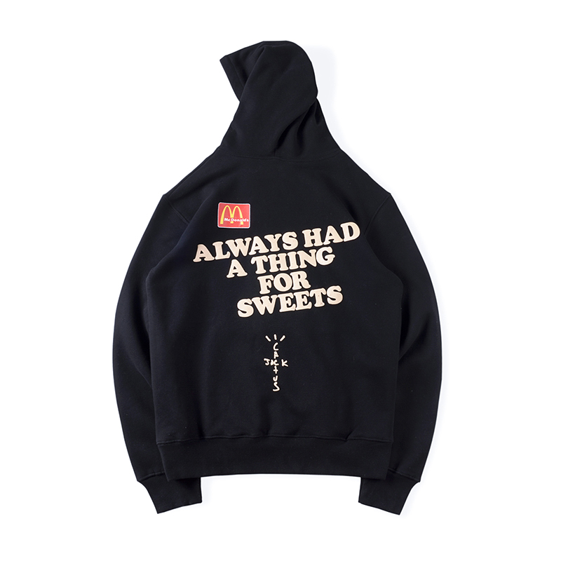 

2020 Ins Hot Unisex Hip Hop Stars Travis Fast Food Restaurant Collaborate Apple Pie Skateboard Hooded Sweatshirt Men Women Hoodie, Black