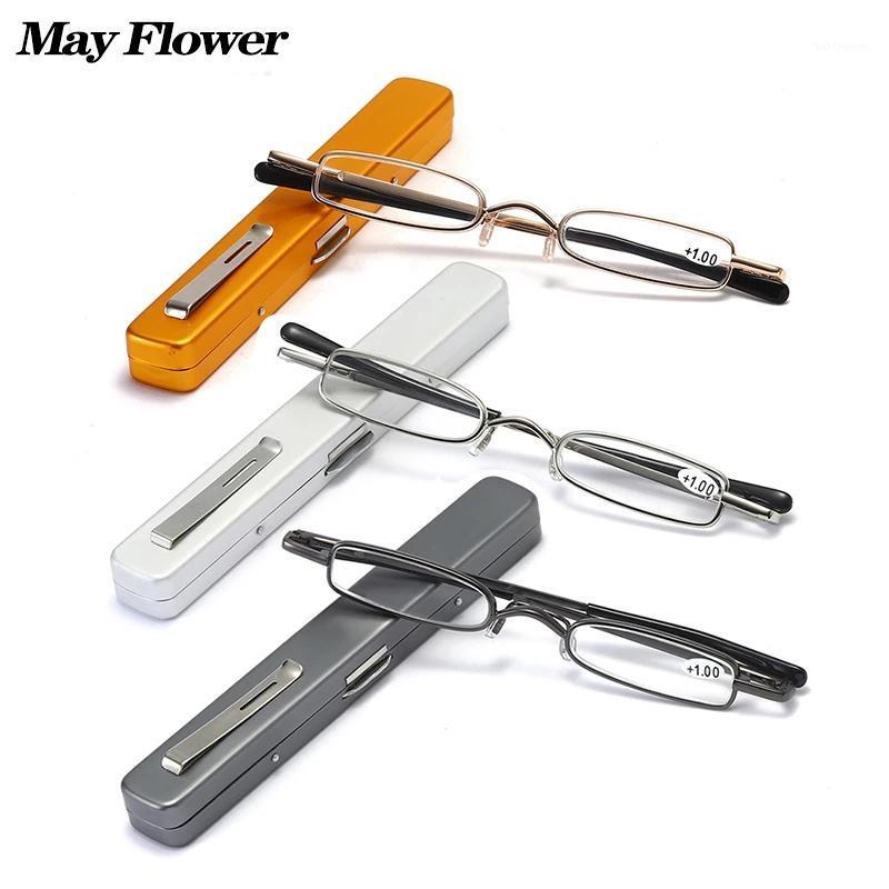 

May Flower New Mini Pen Clip Portable Reading Glasses Metal Spring Hinge Presbyopic Eyewear With Pen Case Magnifier Eyewear +3.51